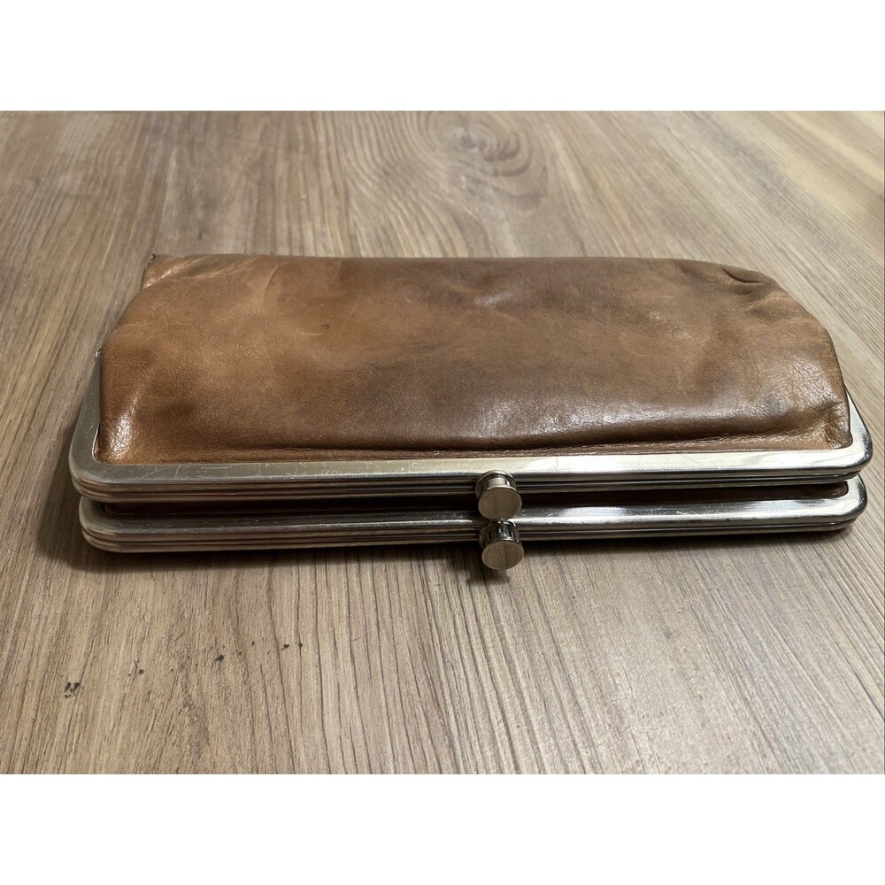 Hobo Lauren Wallet Clutch Honey Tan Leather Double Frame Kiss Lock Snap Zip